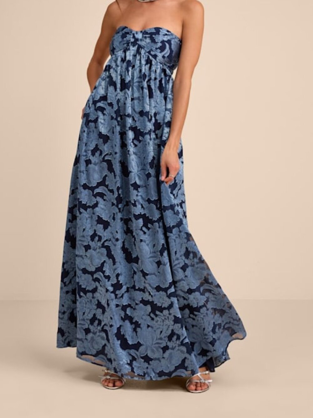 Lulus Danalia Navy Floral Burnout Strapless Maxi Dress Blue - Size XL